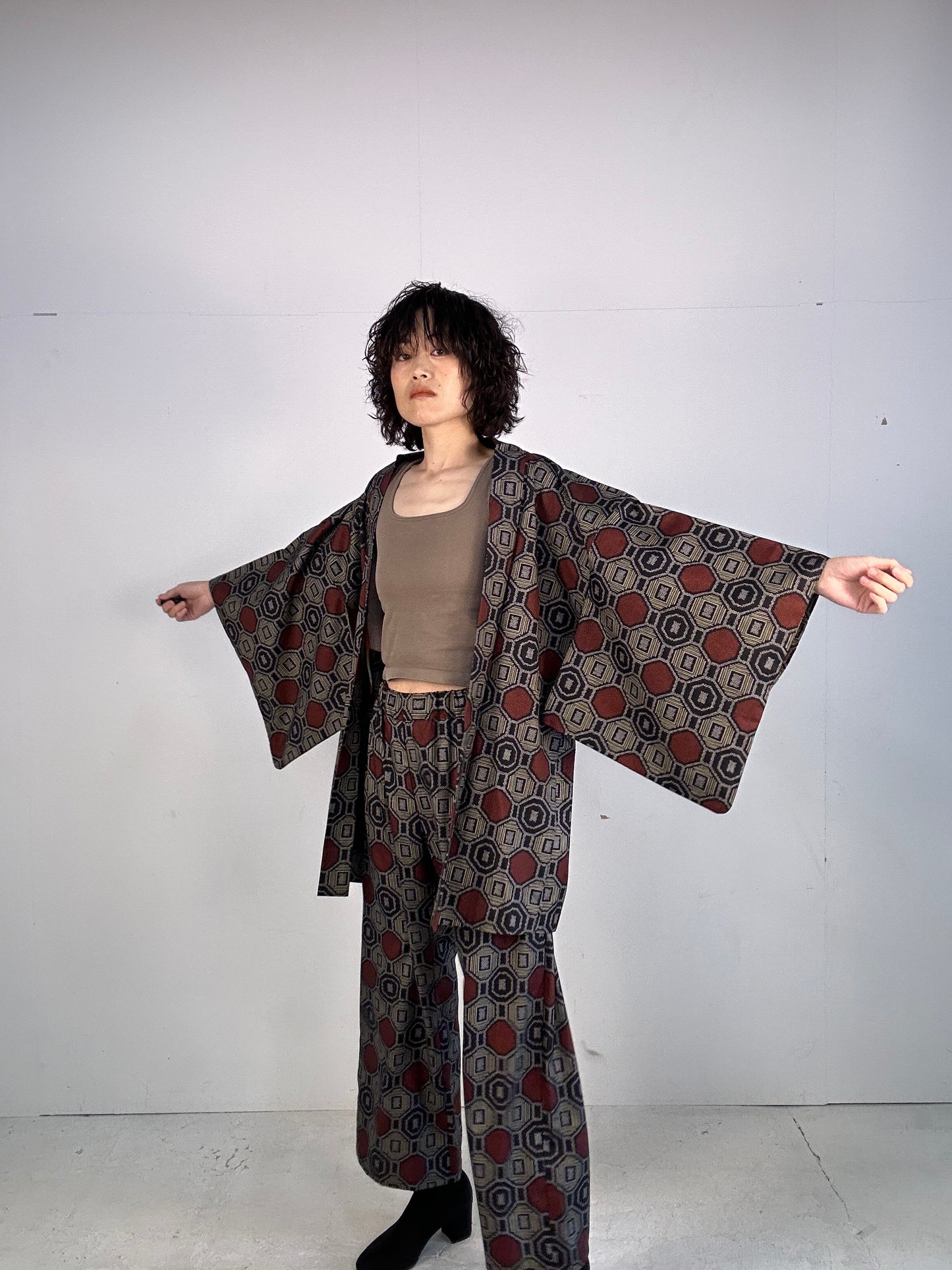 02 Tsumugi HAORI  and KIMONO elastic waist pants upcycled from Japanese kimono(Unisex)