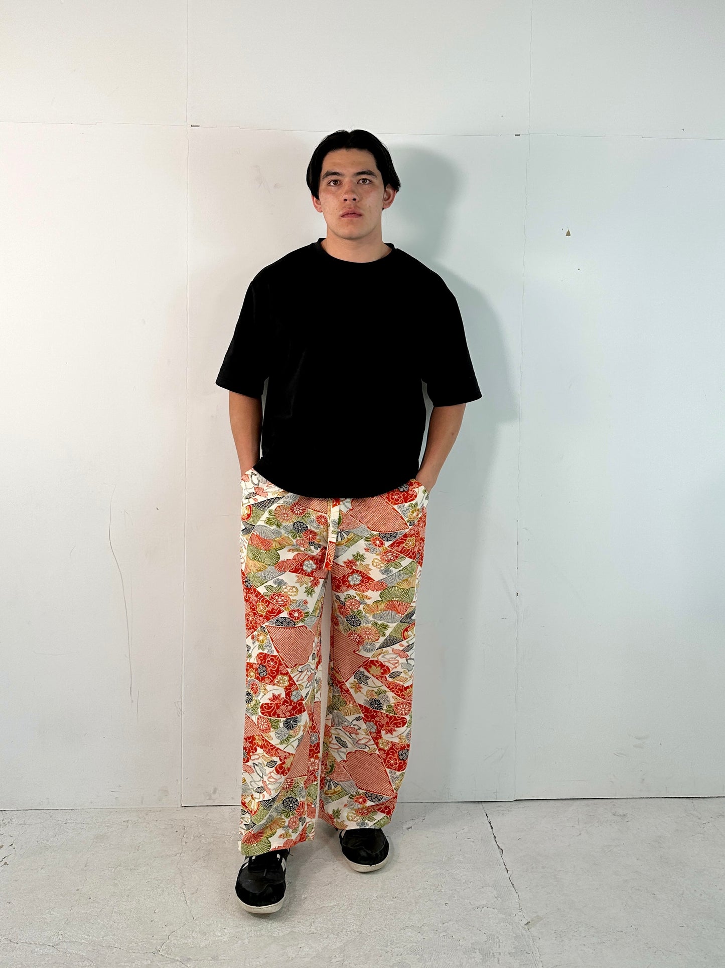 002_KIMONO UNISEX elastic waist pants upcycled from Japanese kimono