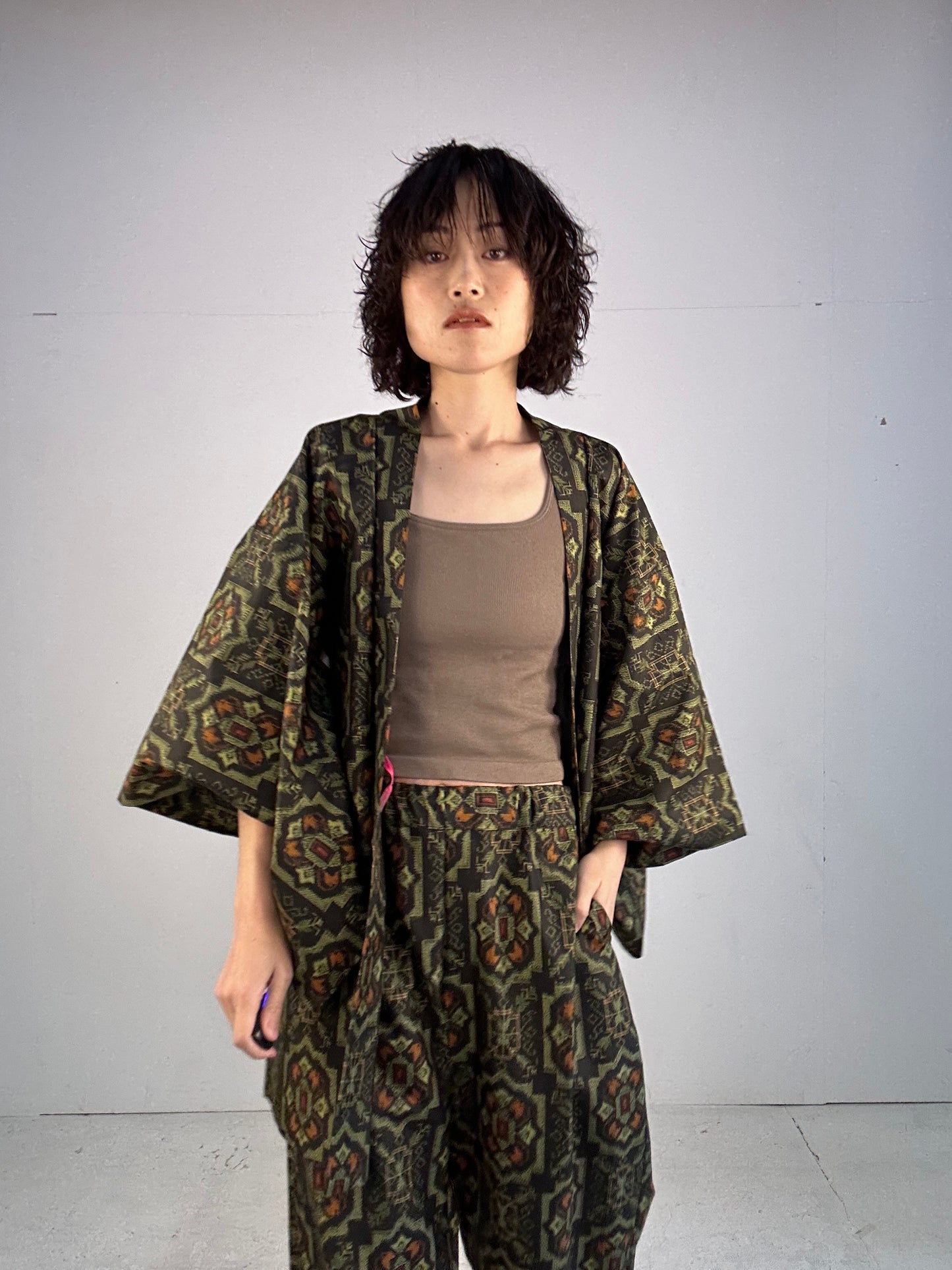 01 Tsumugi HAORI and KIMONO elastic waist pants upcycled from Japanese kimono(Unisex)