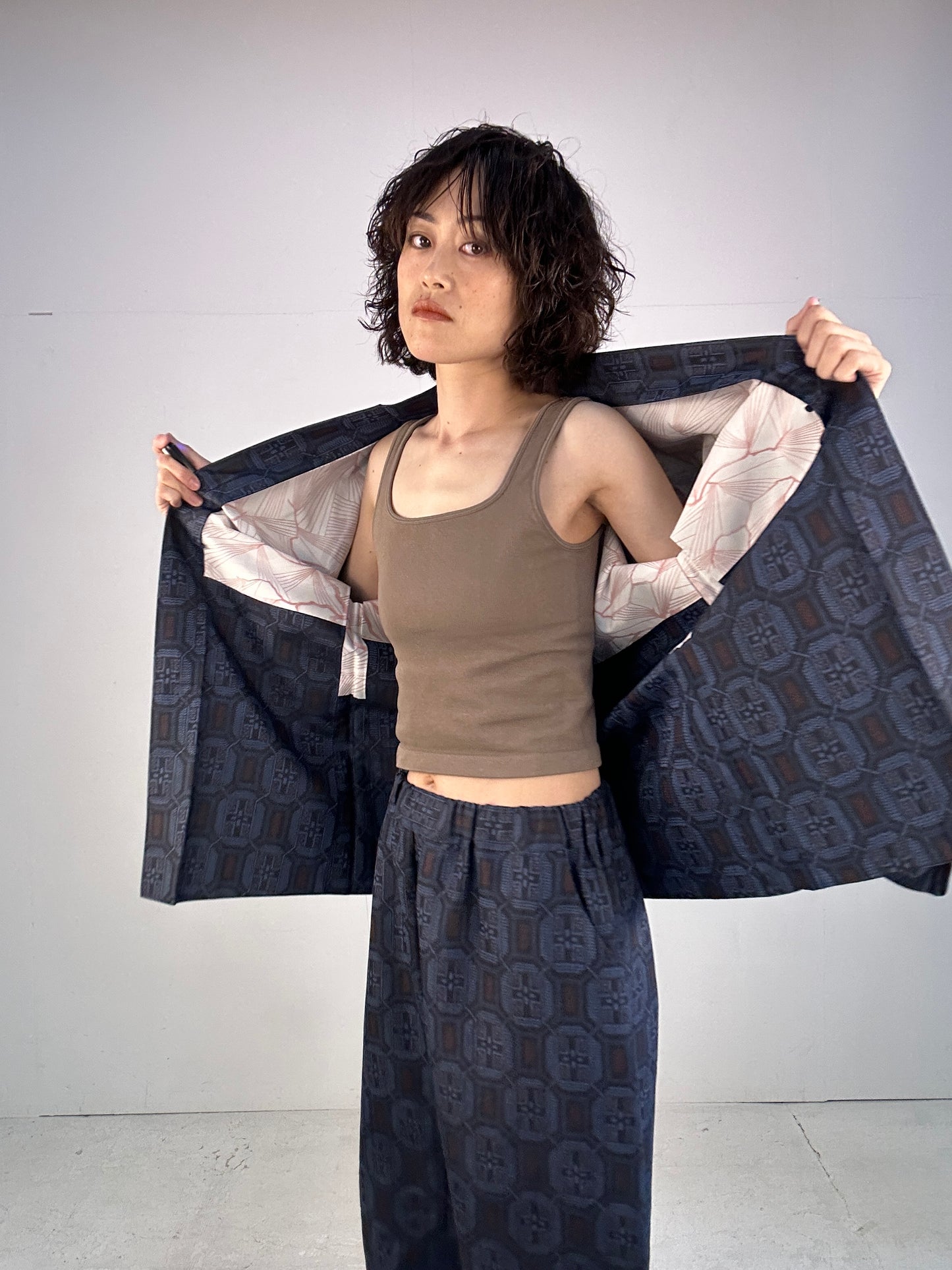 05 Tsumugi HAORI  and KIMONO elastic waist pants upcycled from Japanese kimono(Unisex)