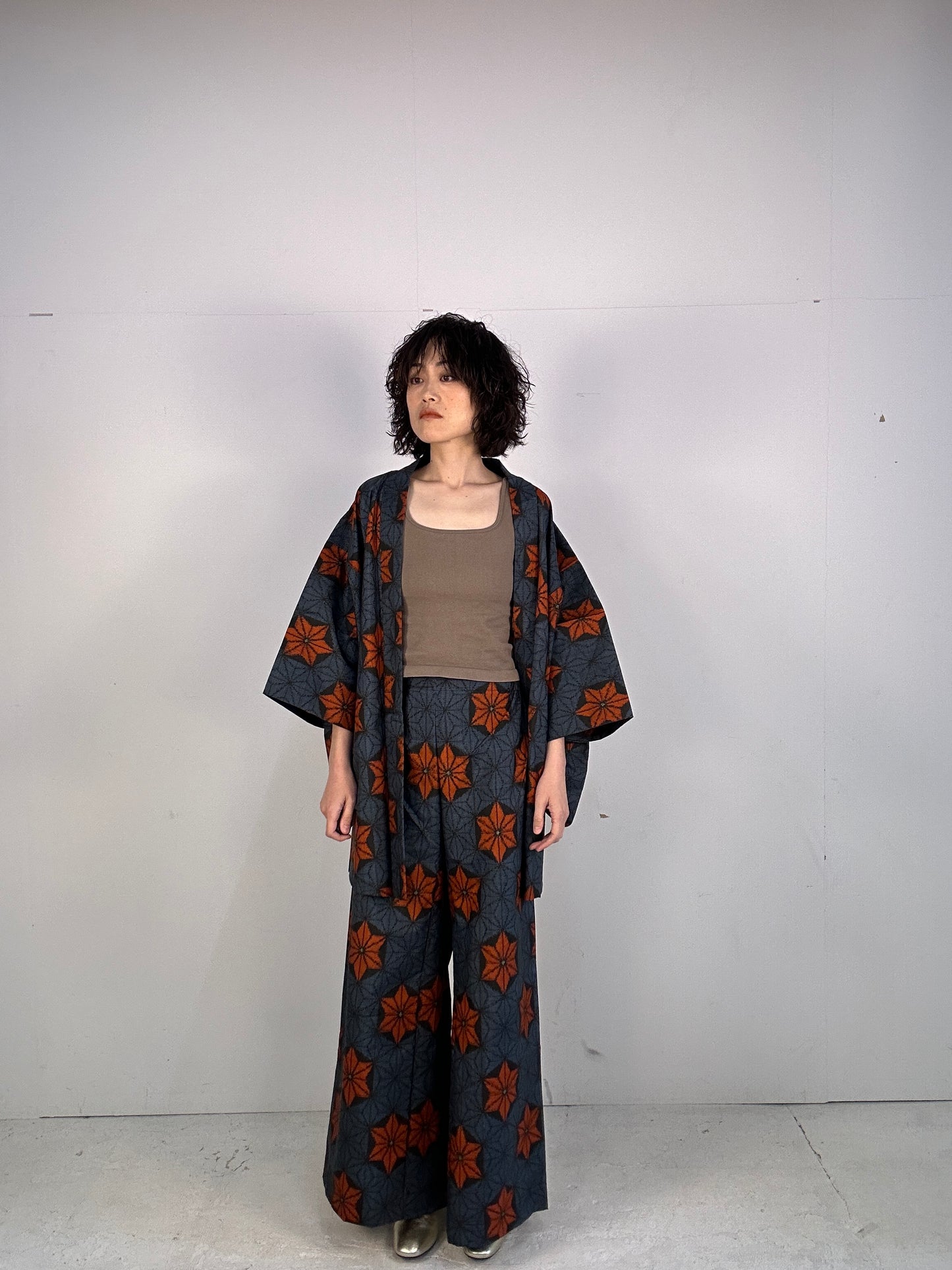 A_ Tsumugi HAORI  and KIMONO elastic waist pants upcycled from Japanese kimono(Dressy and wide)