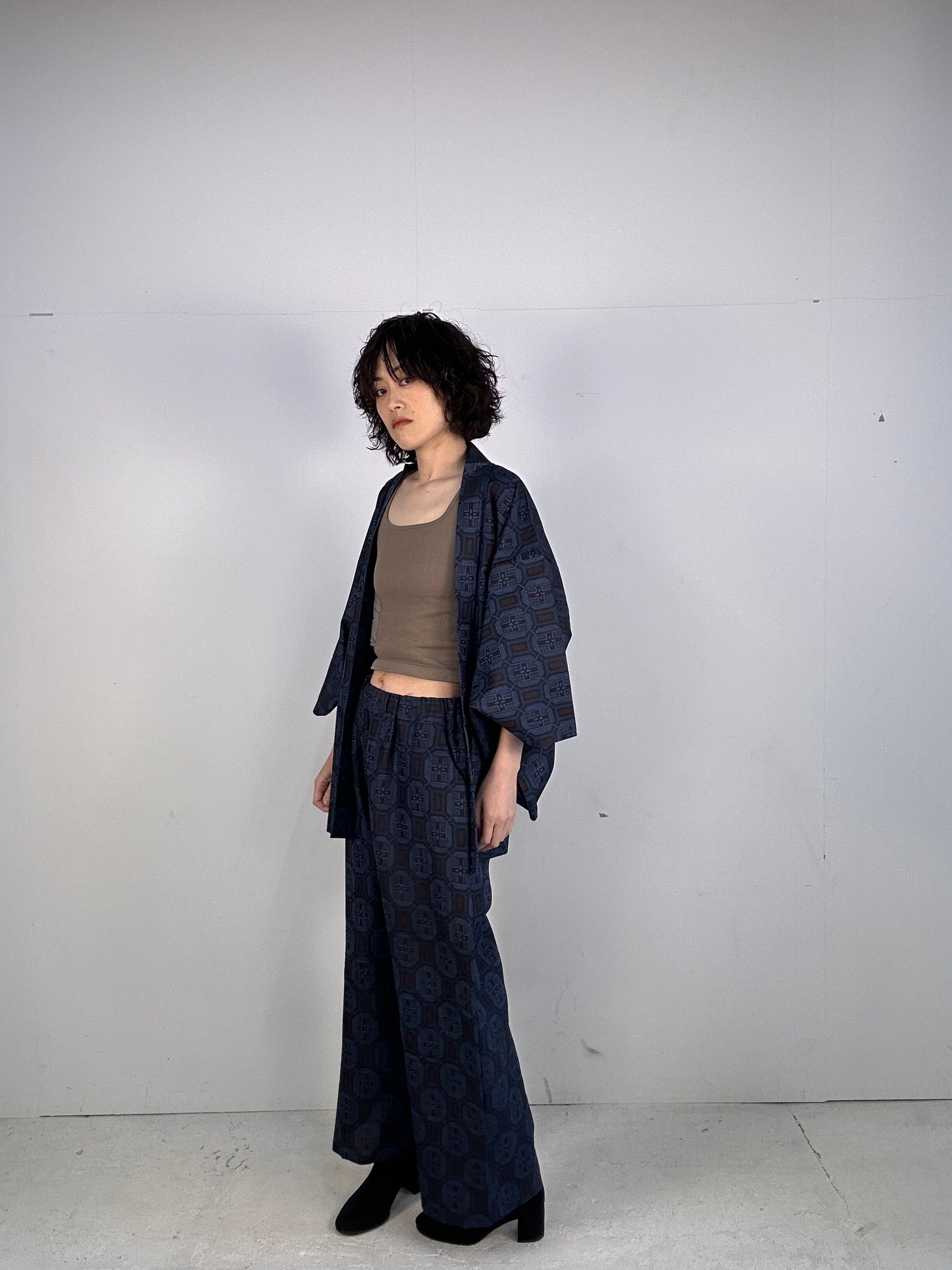 05 Tsumugi HAORI  and KIMONO elastic waist pants upcycled from Japanese kimono(Unisex)