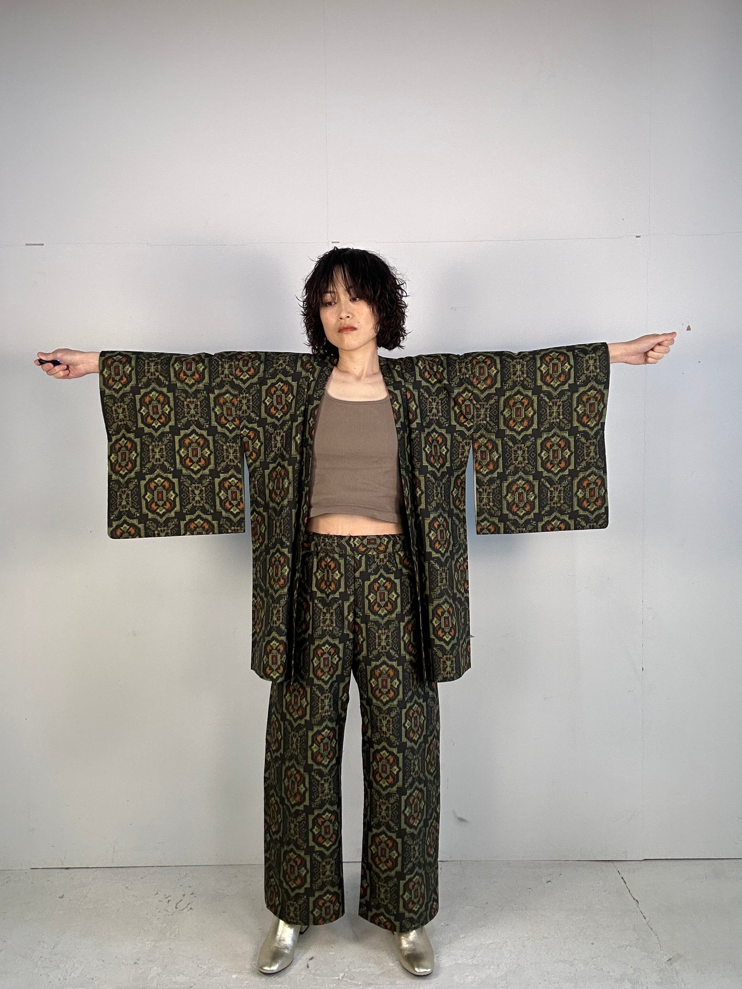 01 Tsumugi HAORI and KIMONO elastic waist pants upcycled from Japanese kimono(Unisex)