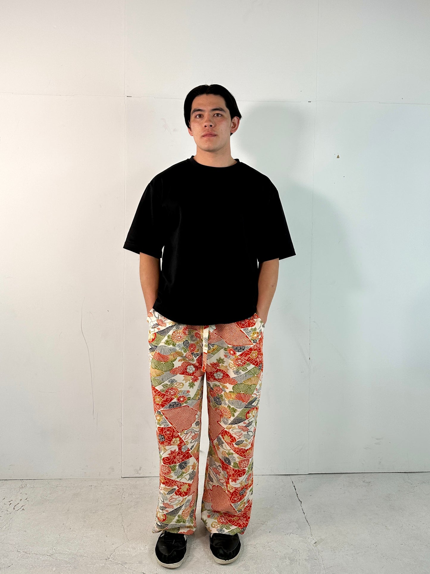 002_KIMONO UNISEX elastic waist pants upcycled from Japanese kimono