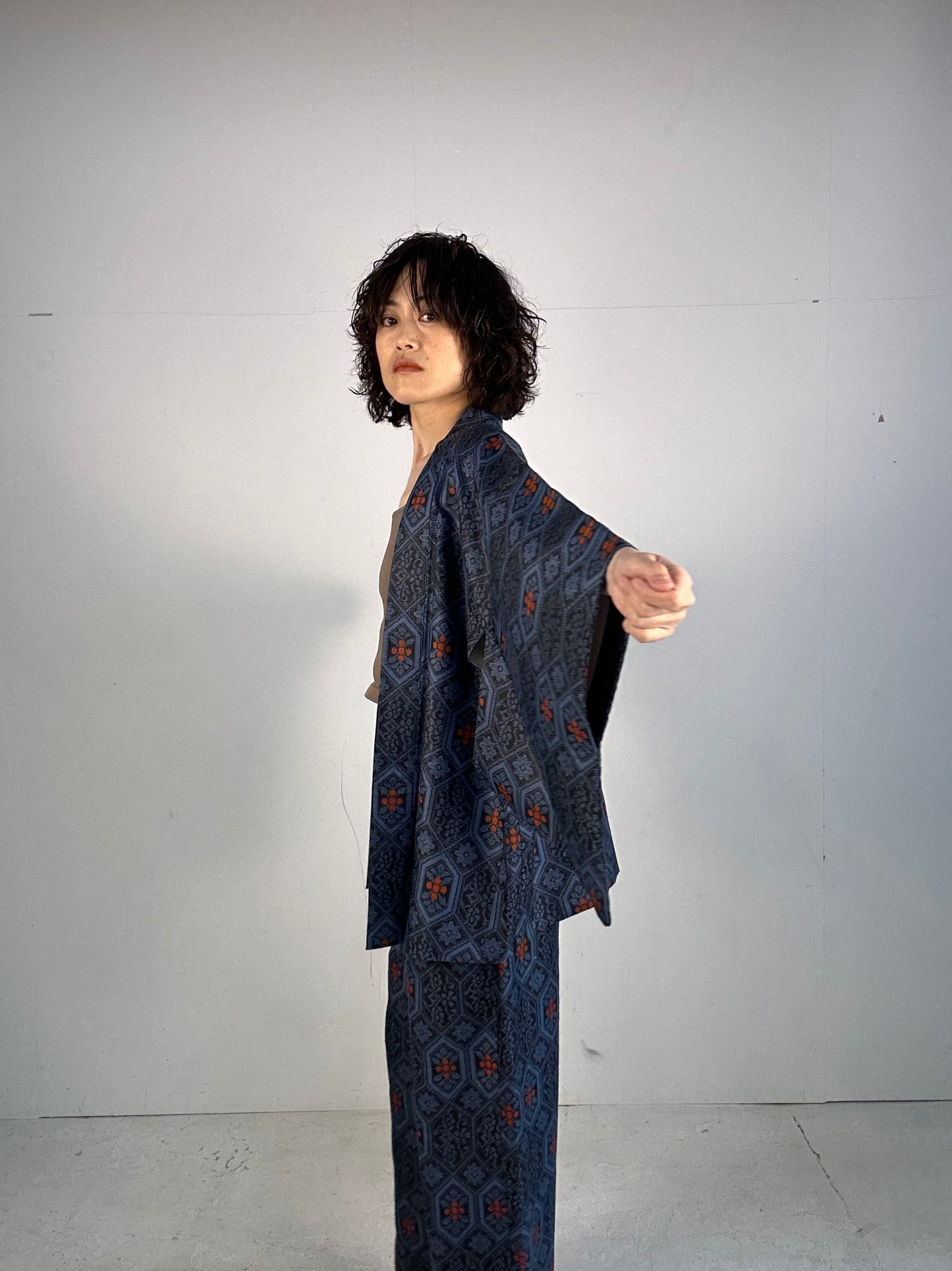 04 Tsumugi HAORI  and KIMONO elastic waist pants upcycled from Japanese kimono(Unisex)