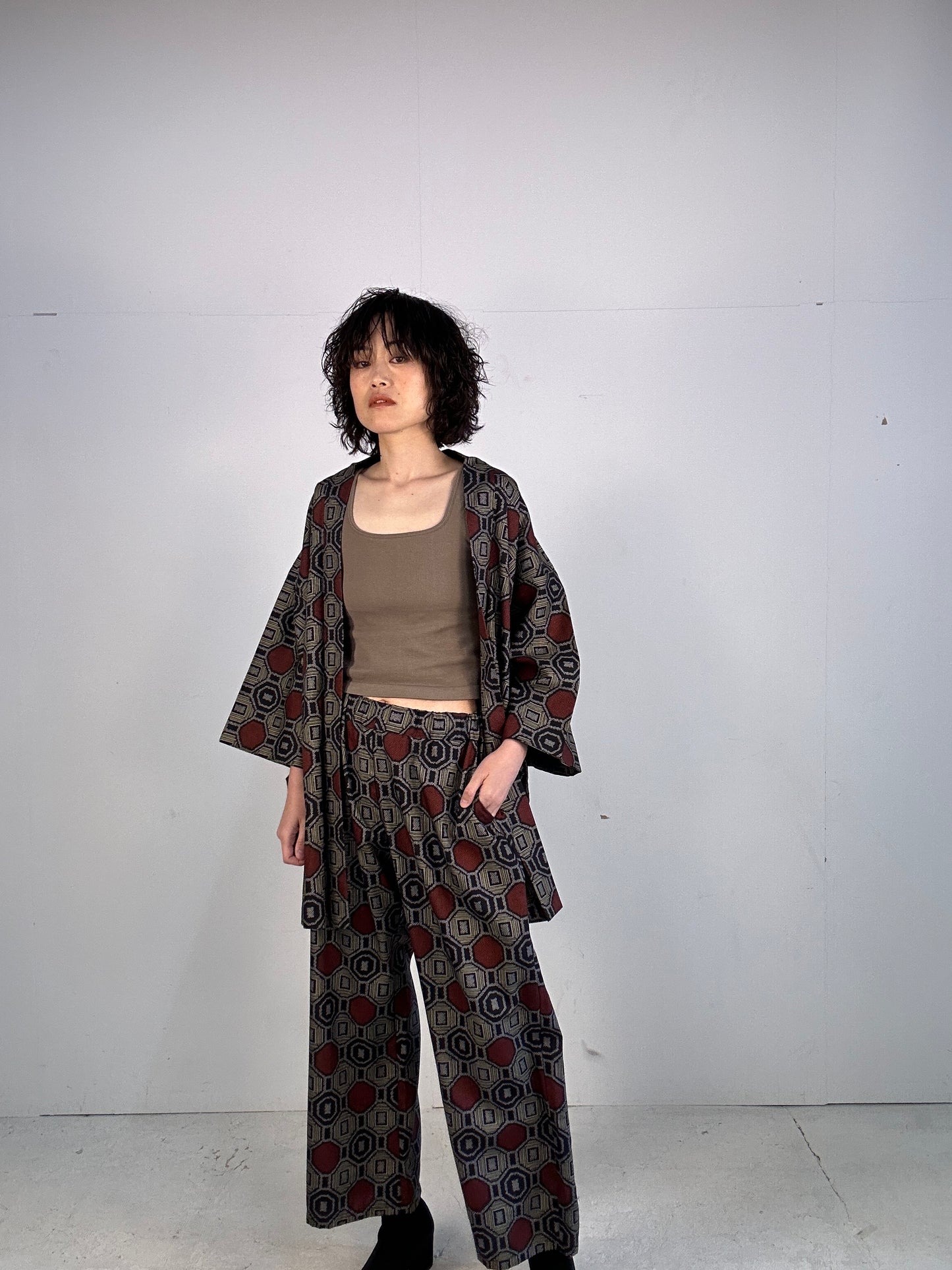 02 Tsumugi HAORI  and KIMONO elastic waist pants upcycled from Japanese kimono(Unisex)