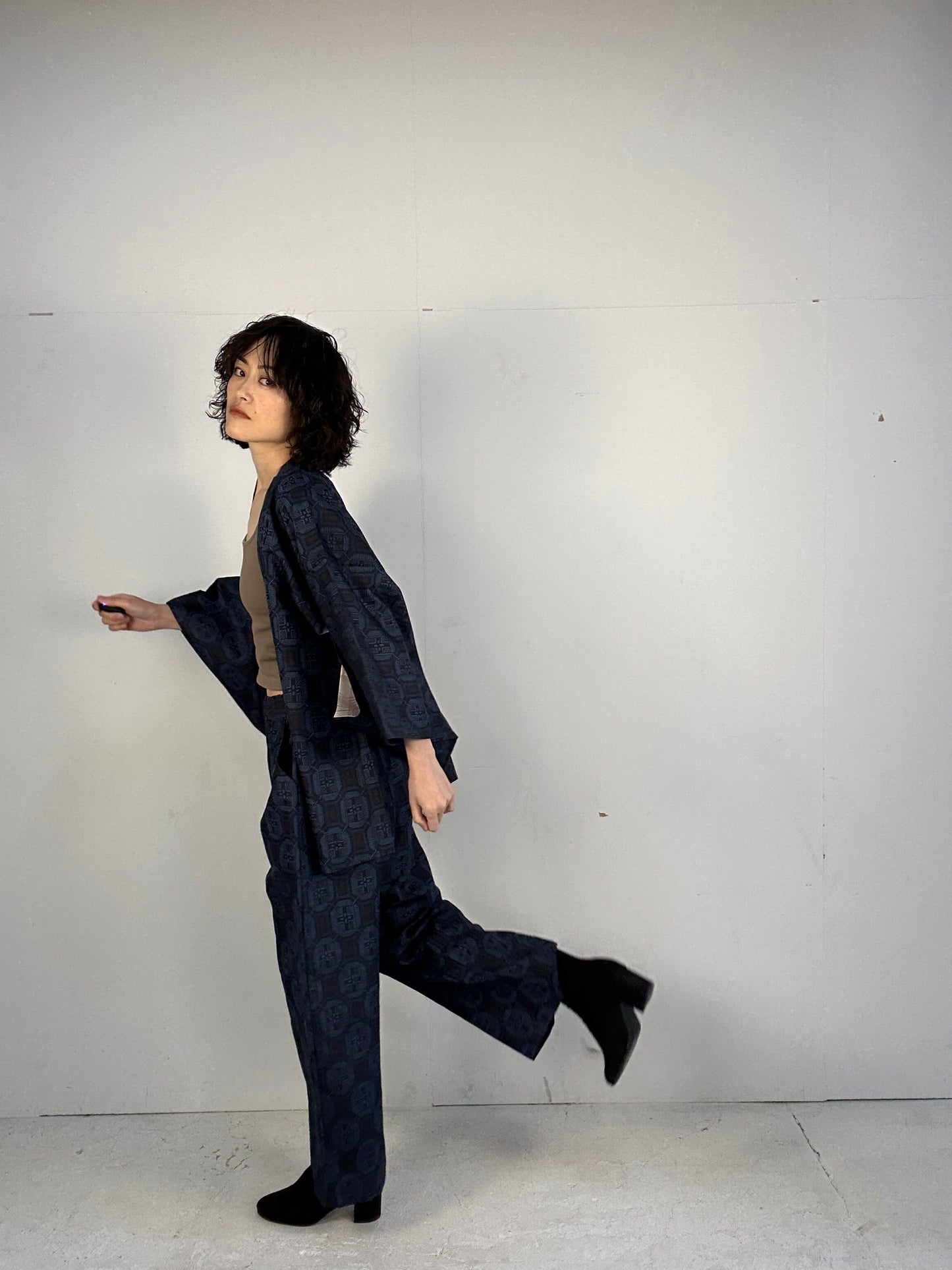 05 Tsumugi HAORI  and KIMONO elastic waist pants upcycled from Japanese kimono(Unisex)