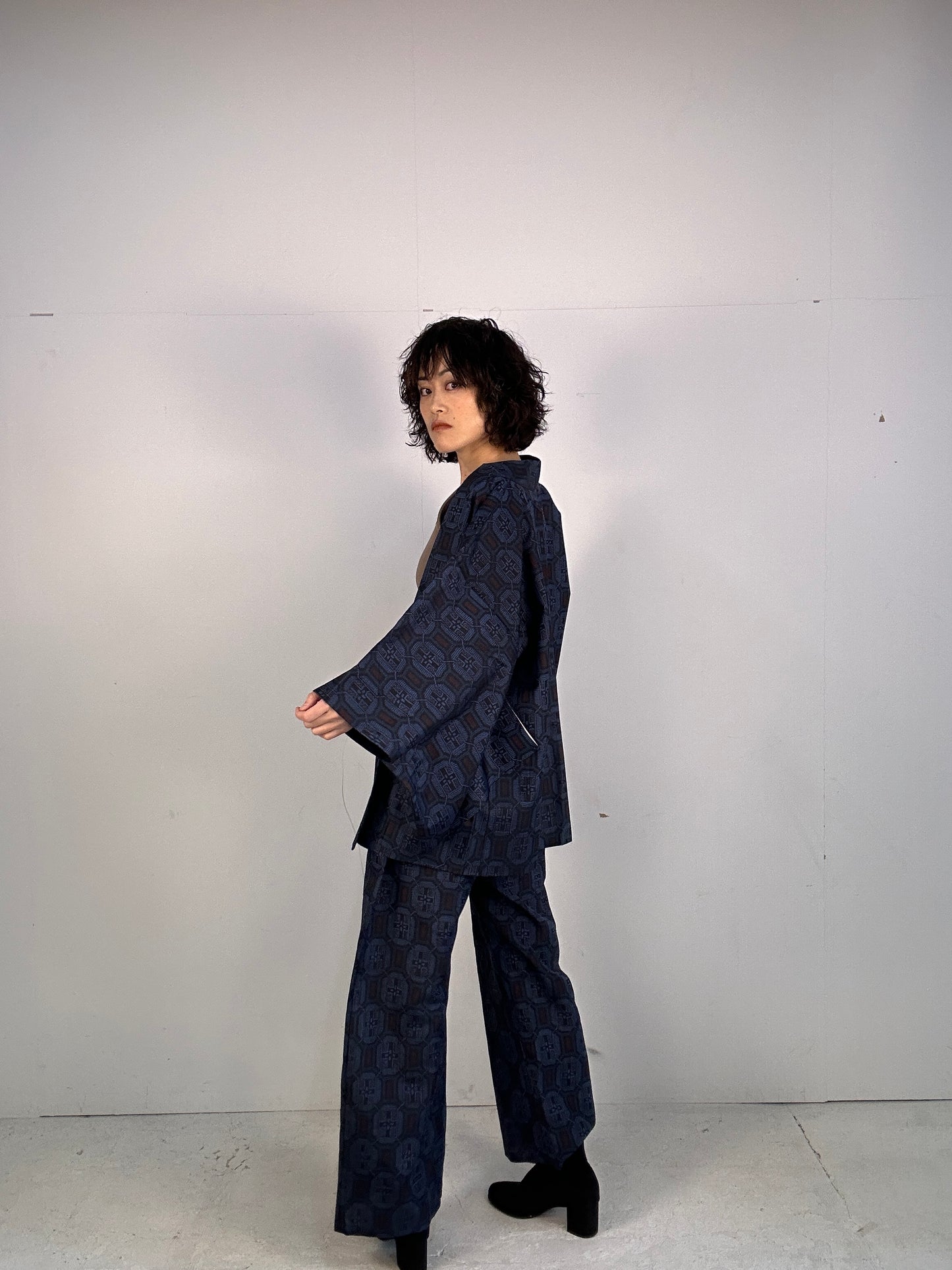 05 Tsumugi HAORI  and KIMONO elastic waist pants upcycled from Japanese kimono(Unisex)