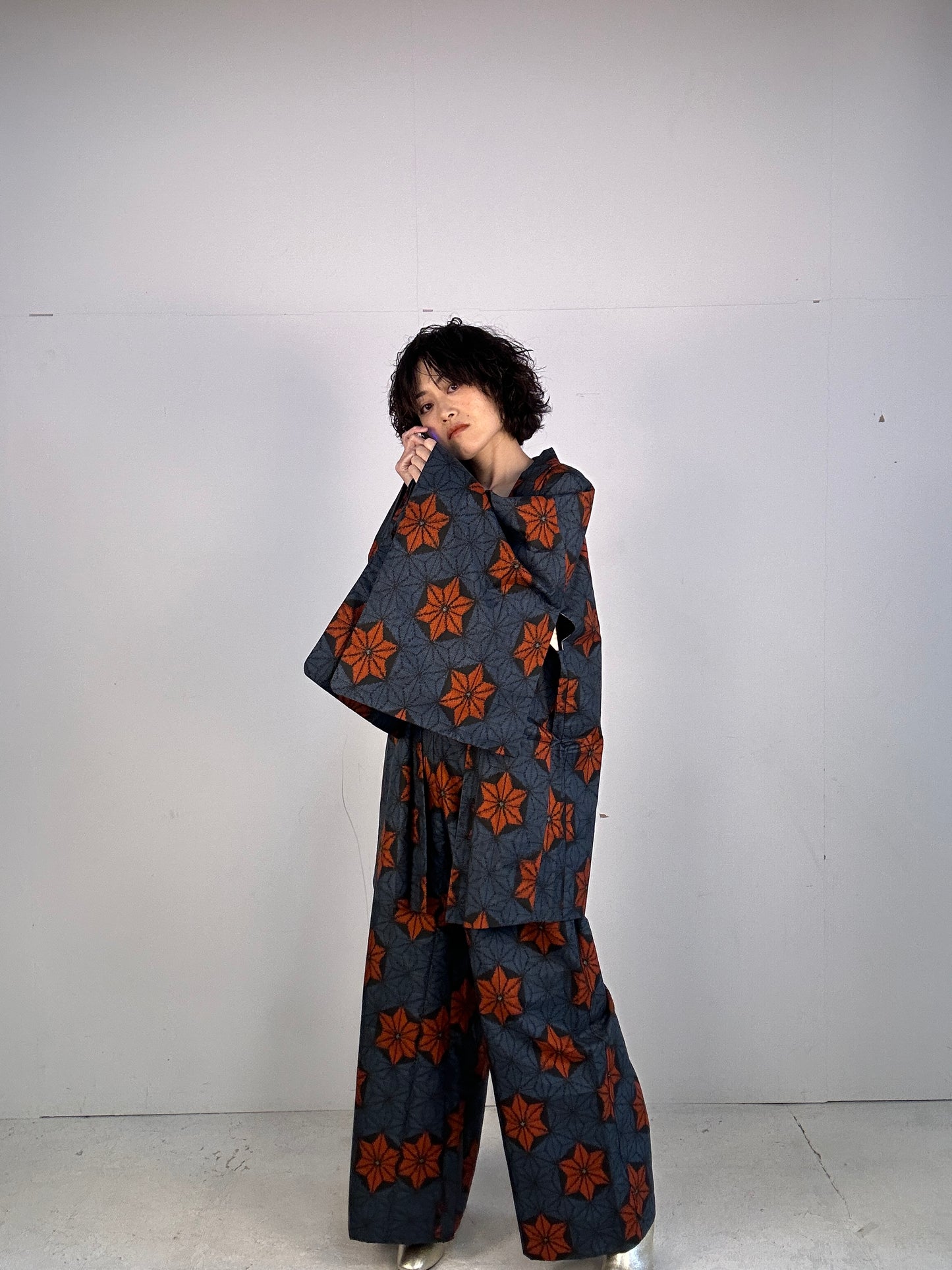 A_ Tsumugi HAORI  and KIMONO elastic waist pants upcycled from Japanese kimono(Dressy and wide)