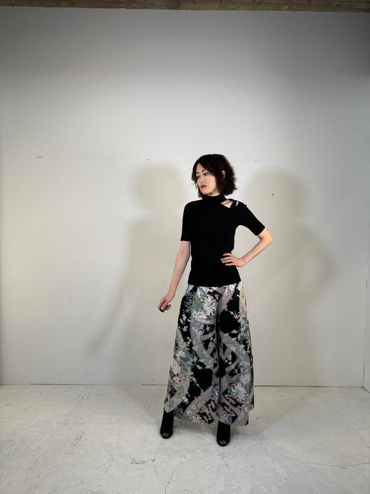small size_KIMONO DRESSY elastic waist pants upcycled from Japanese kimono (black)