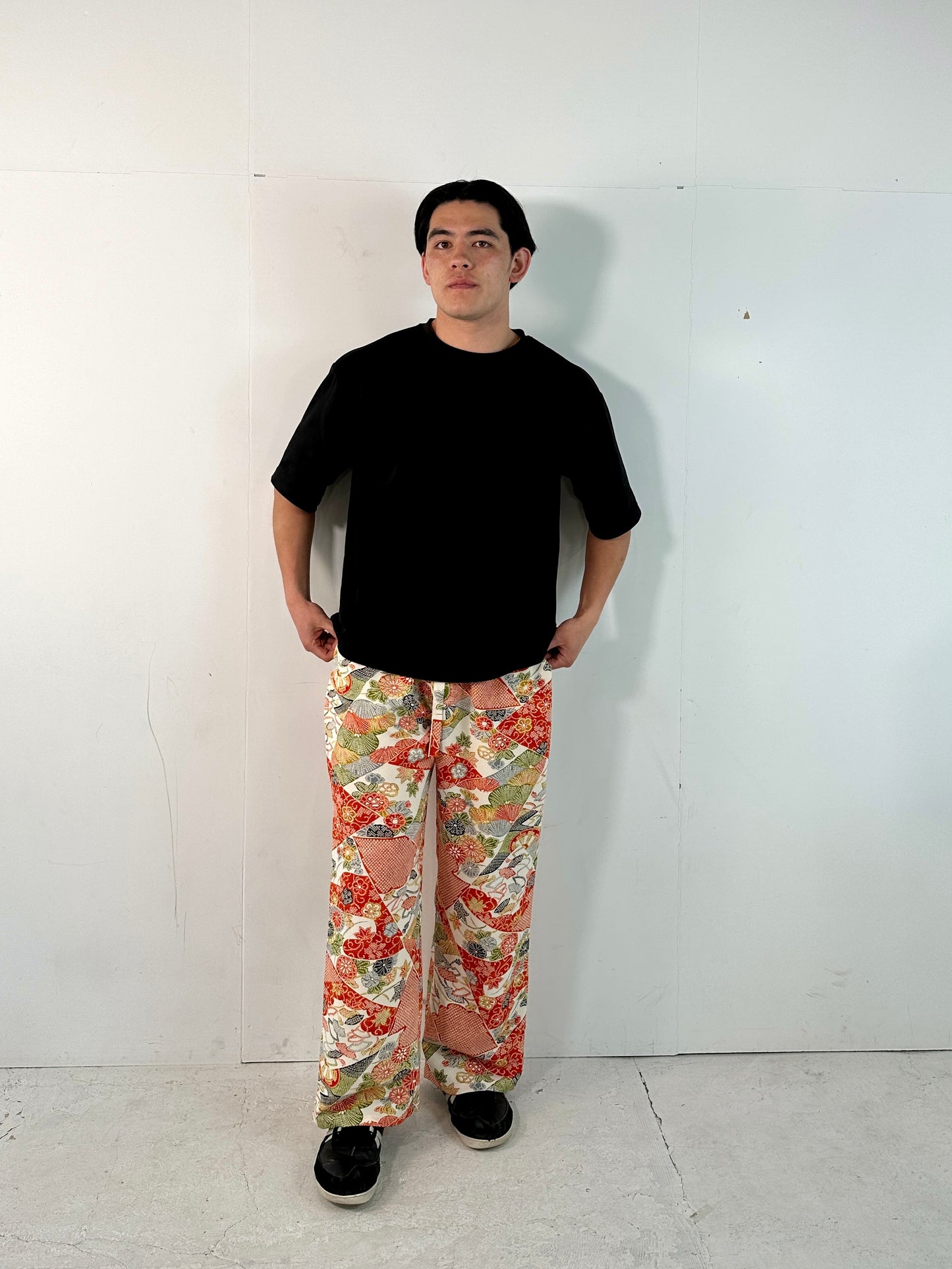 002_KIMONO UNISEX elastic waist pants upcycled from Japanese kimono