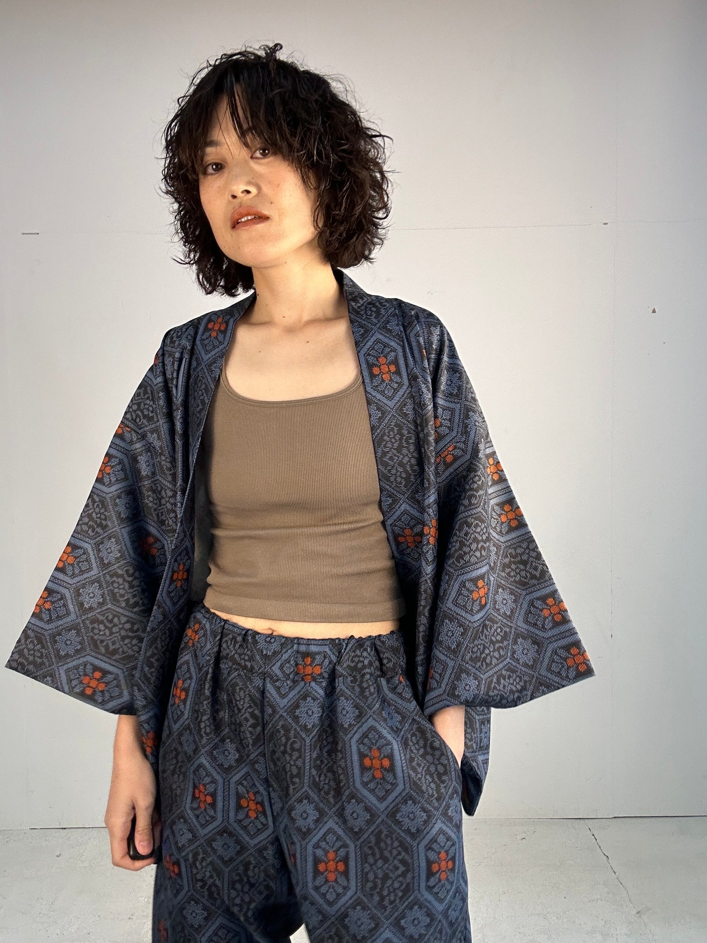 04 Tsumugi HAORI  and KIMONO elastic waist pants upcycled from Japanese kimono(Unisex)