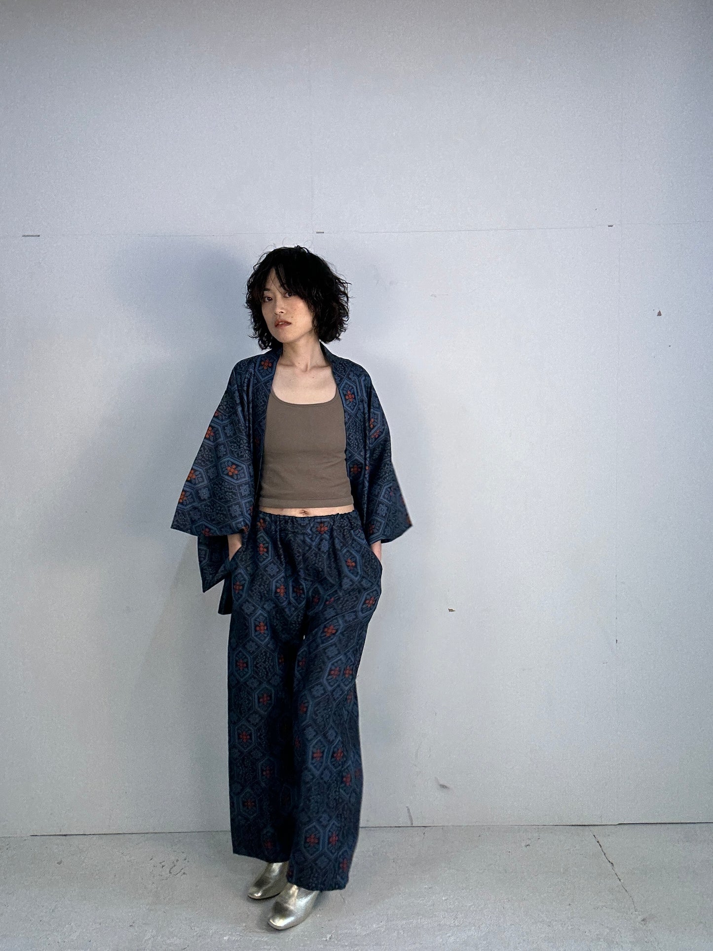 04 Tsumugi HAORI  and KIMONO elastic waist pants upcycled from Japanese kimono(Unisex)