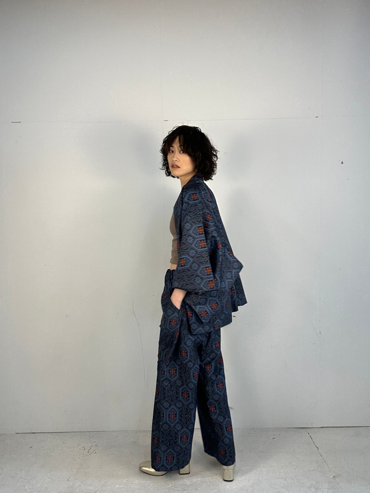 04 Tsumugi HAORI  and KIMONO elastic waist pants upcycled from Japanese kimono(Unisex)