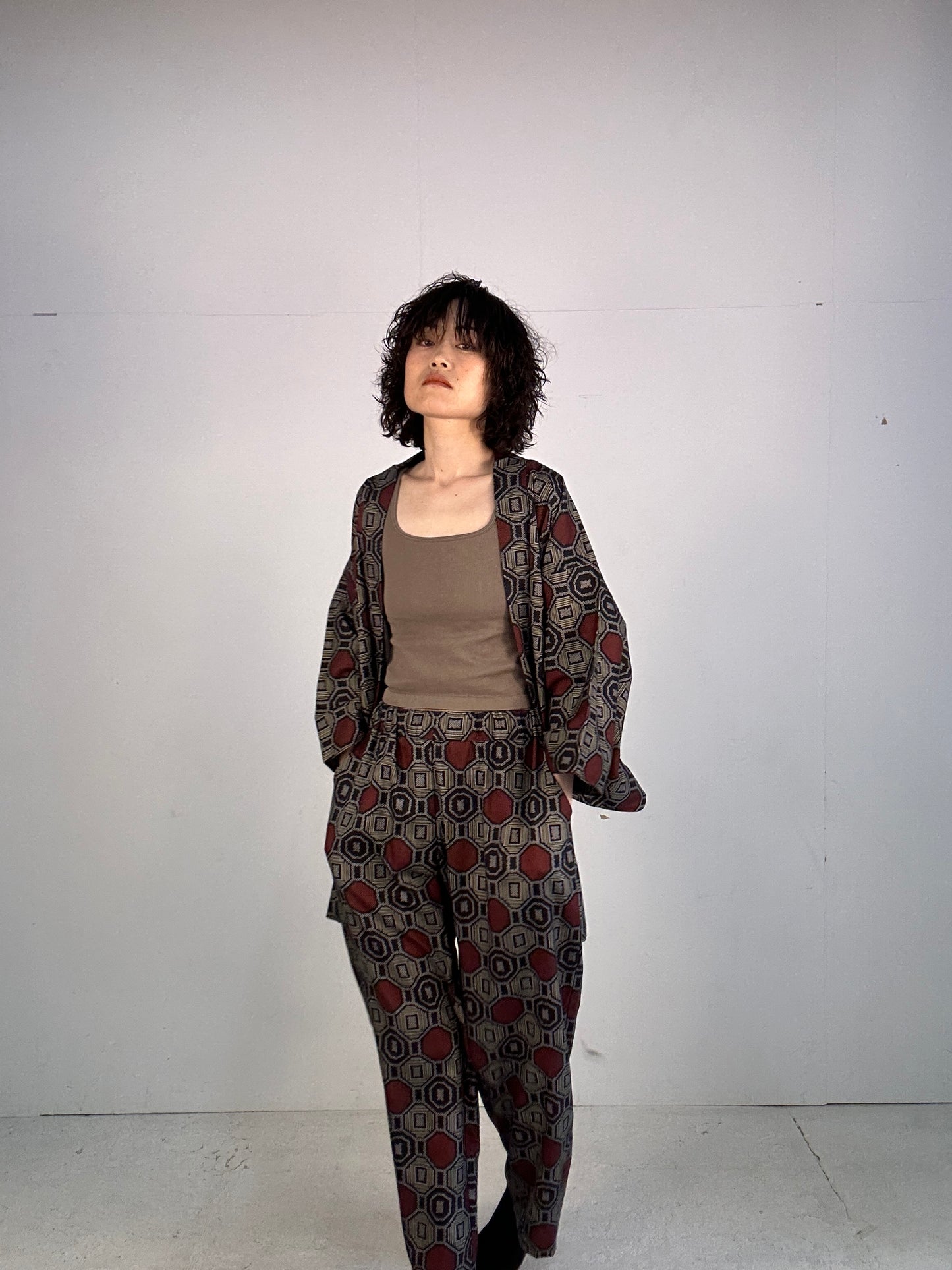 02 Tsumugi HAORI  and KIMONO elastic waist pants upcycled from Japanese kimono(Unisex)