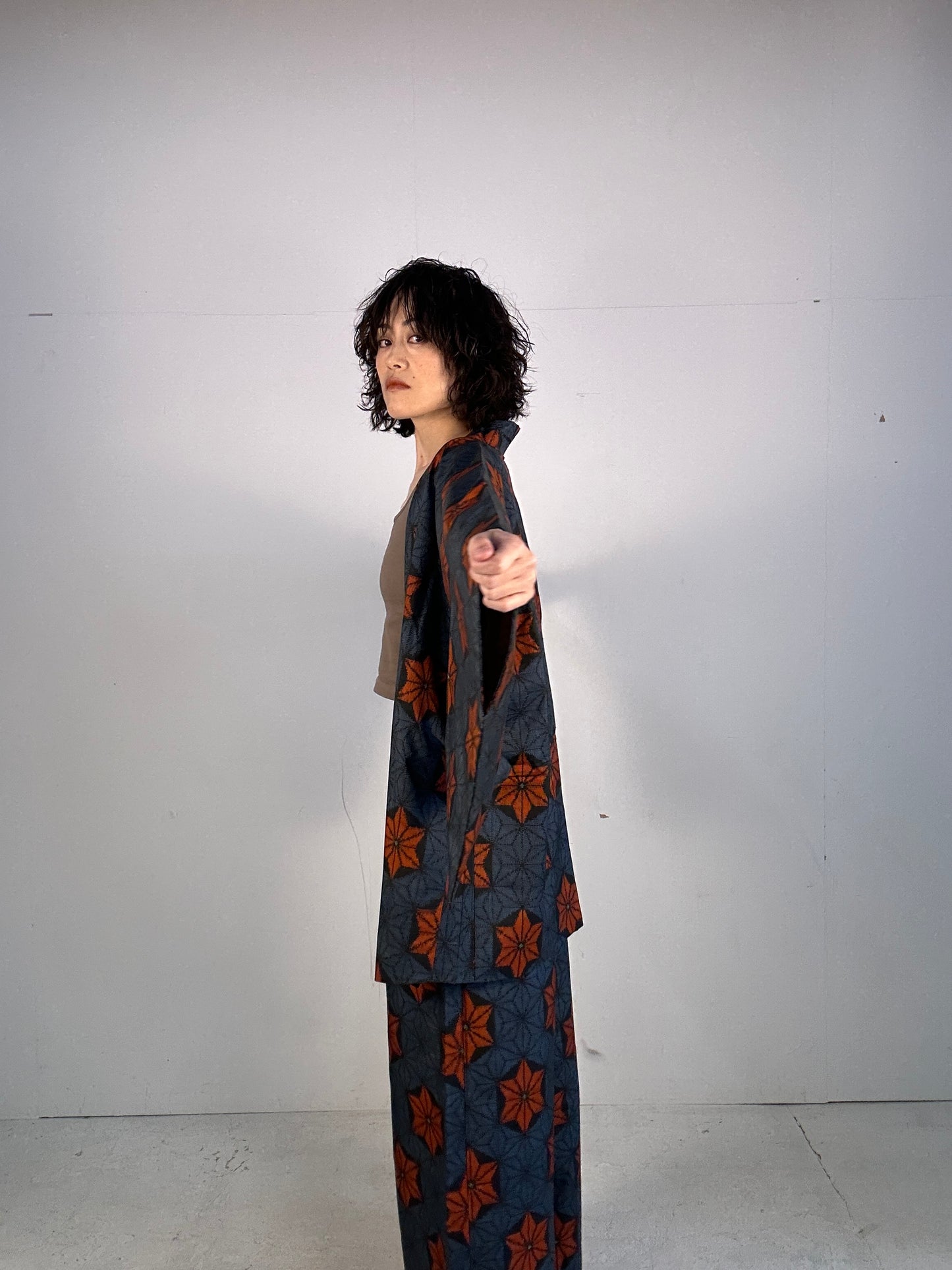 A_ Tsumugi HAORI  and KIMONO elastic waist pants upcycled from Japanese kimono(Dressy and wide)