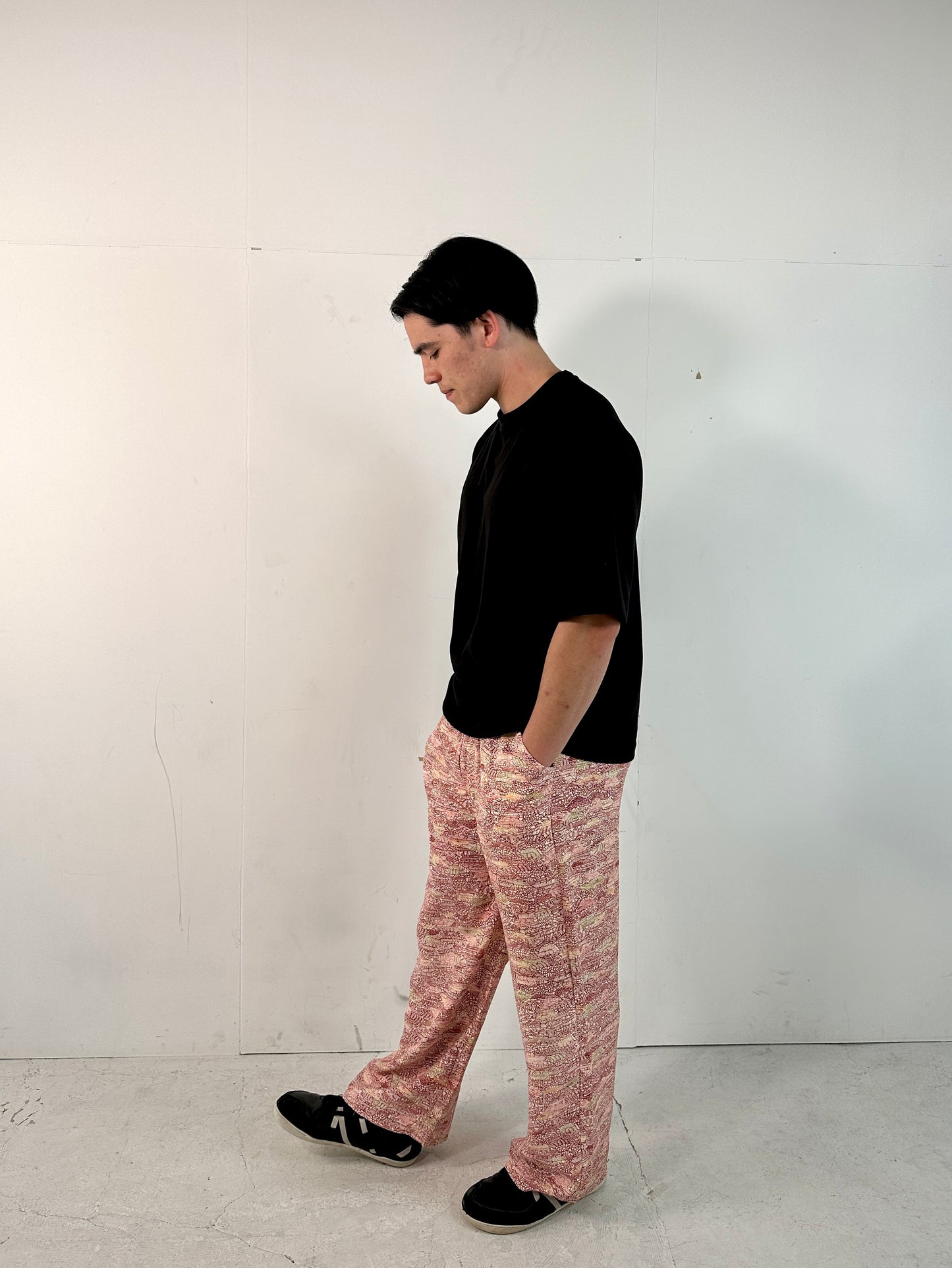 005_KIMONO UNISEX elastic waist pants upcycled from Japanese kimono