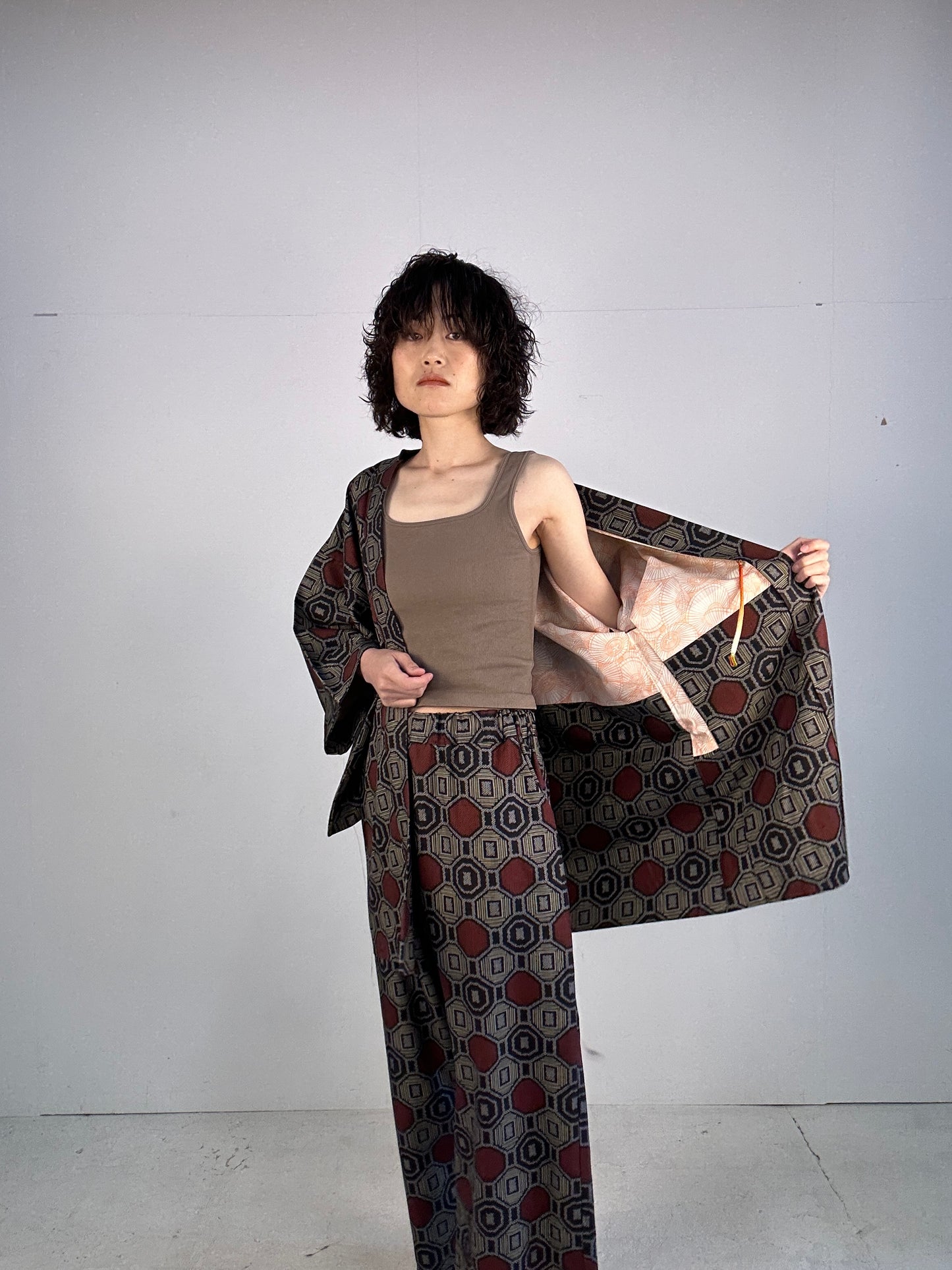 02 Tsumugi HAORI  and KIMONO elastic waist pants upcycled from Japanese kimono(Unisex)