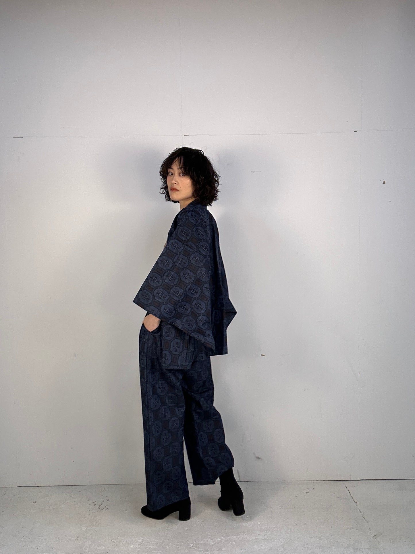 05 Tsumugi HAORI  and KIMONO elastic waist pants upcycled from Japanese kimono(Unisex)