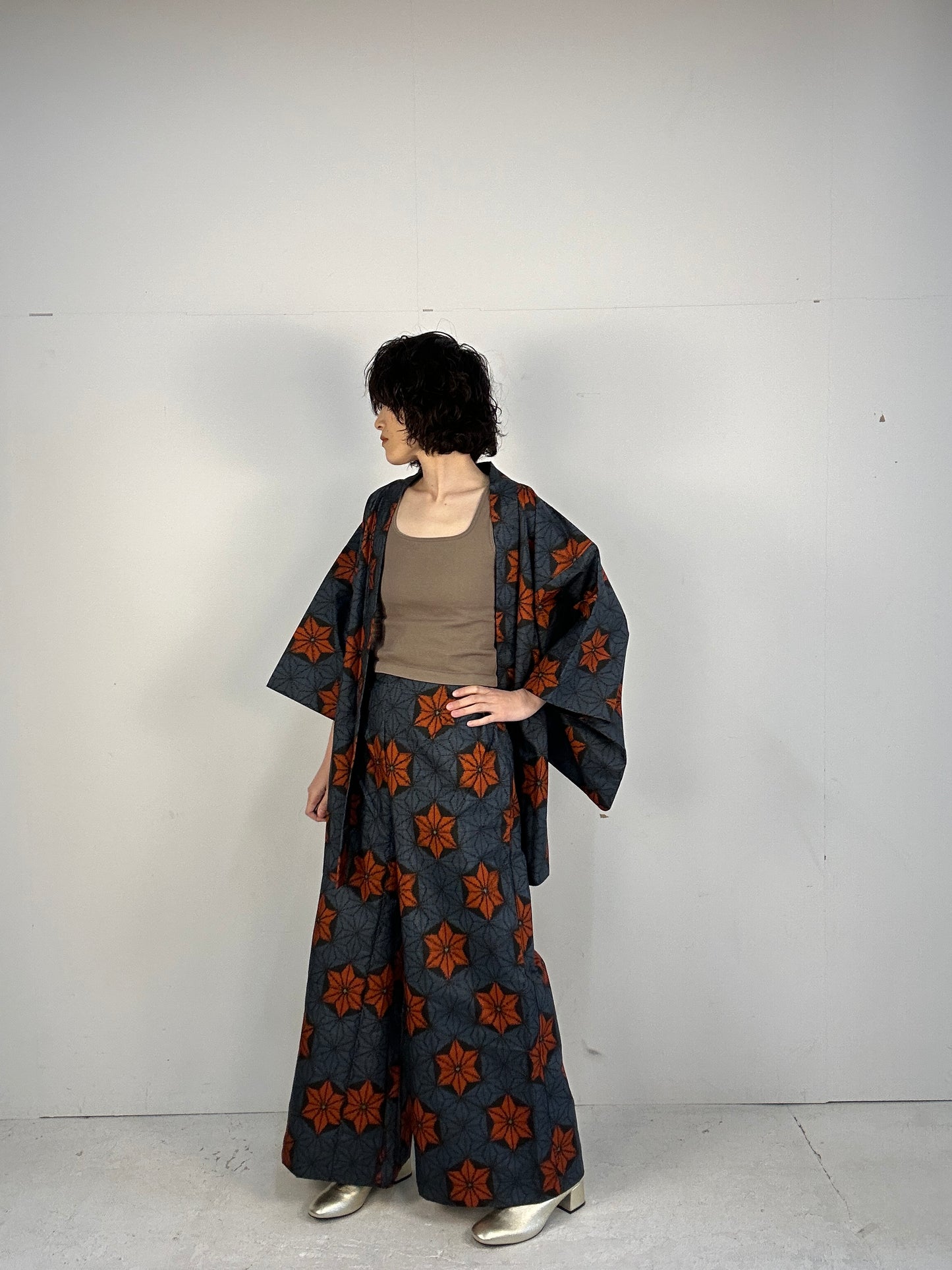 A_ Tsumugi HAORI  and KIMONO elastic waist pants upcycled from Japanese kimono(Dressy and wide)