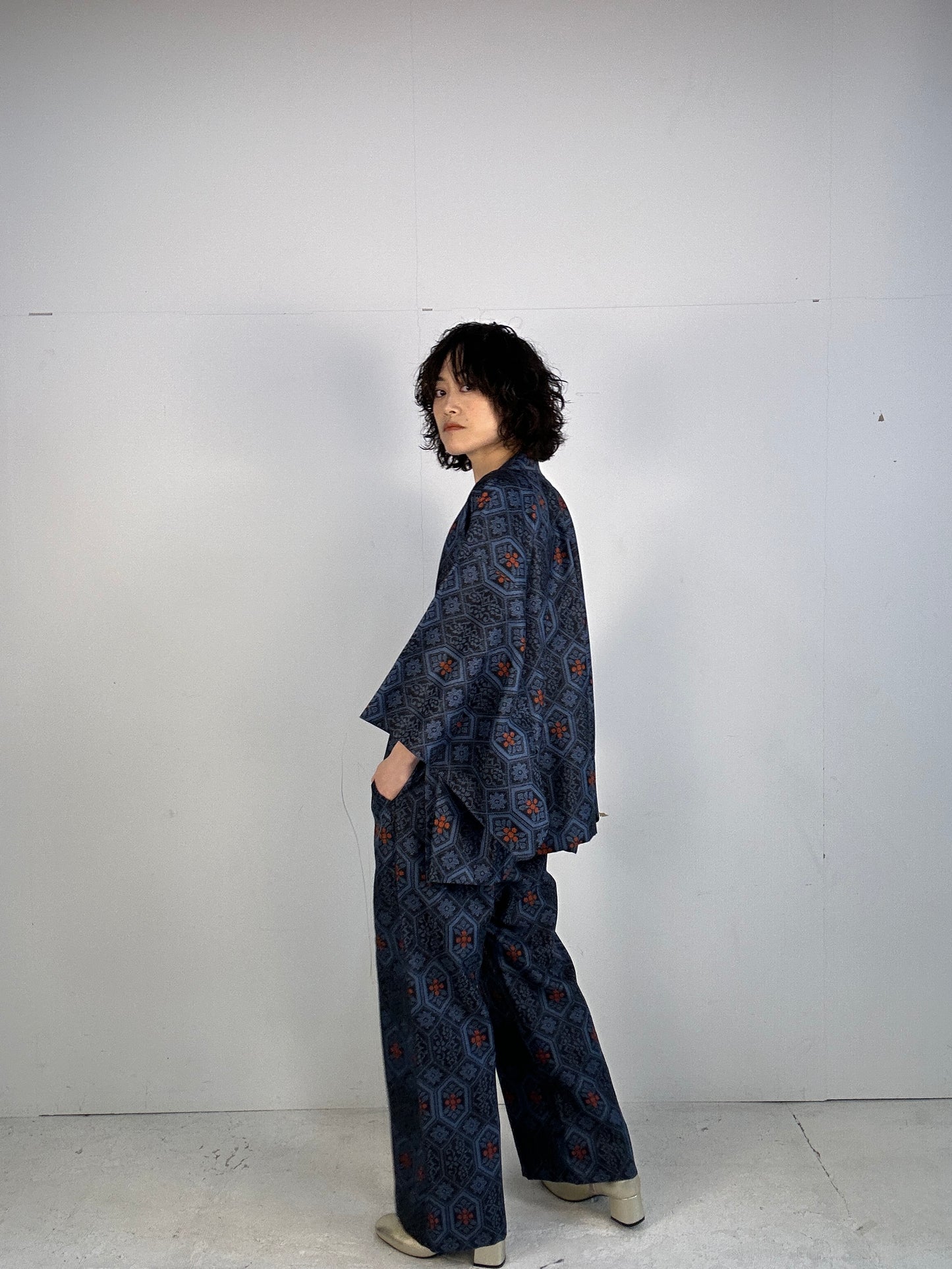 04 Tsumugi HAORI  and KIMONO elastic waist pants upcycled from Japanese kimono(Unisex)