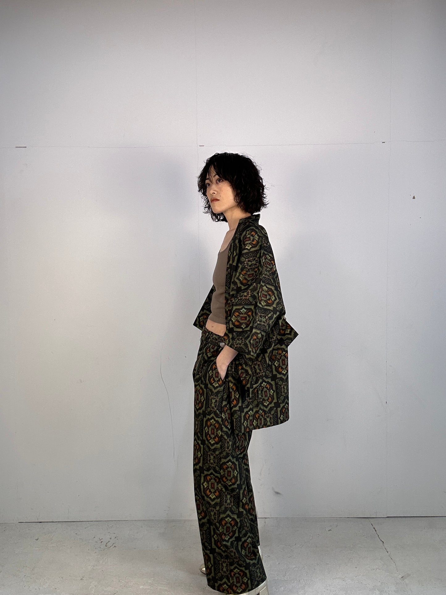 01 Tsumugi HAORI and KIMONO elastic waist pants upcycled from Japanese kimono(Unisex)