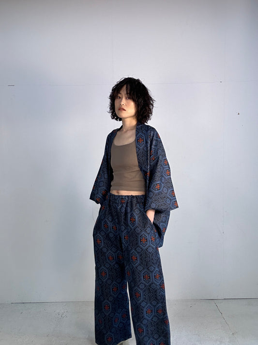 04 Tsumugi HAORI  and KIMONO elastic waist pants upcycled from Japanese kimono(Unisex)
