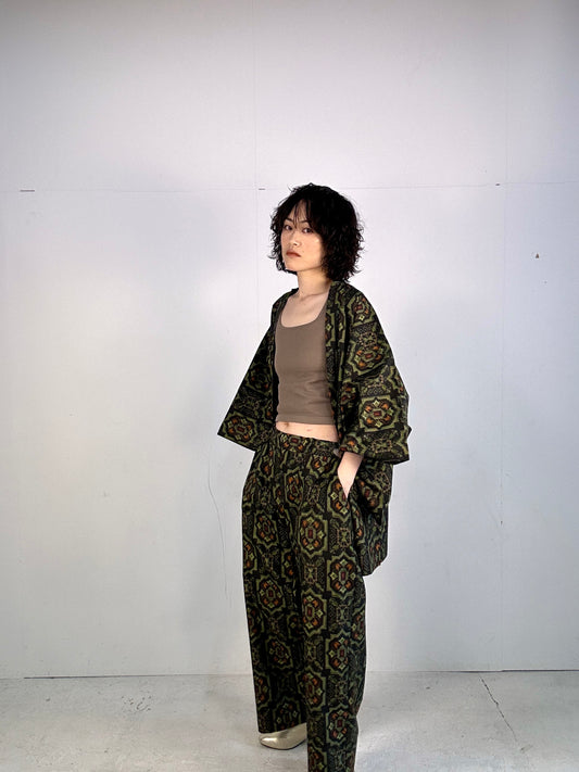 01 Tsumugi HAORI and KIMONO elastic waist pants upcycled from Japanese kimono(Unisex)