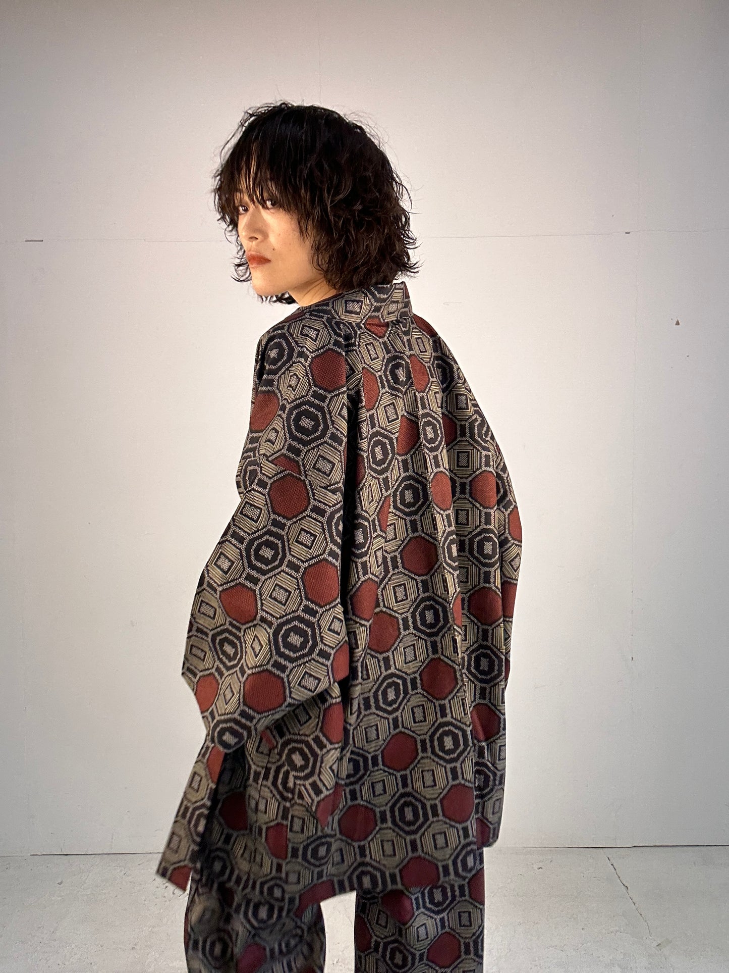 02 Tsumugi HAORI  and KIMONO elastic waist pants upcycled from Japanese kimono(Unisex)