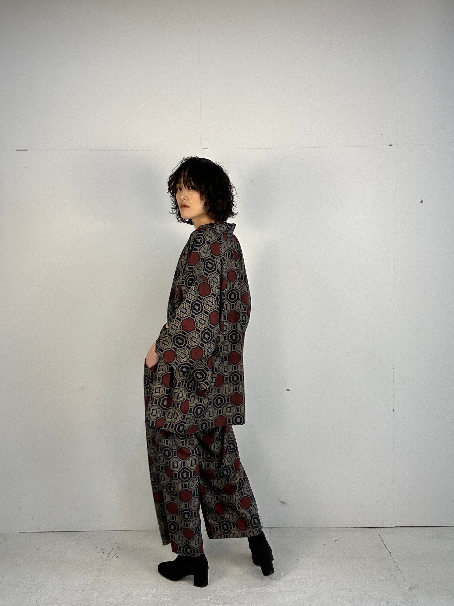 02 Tsumugi HAORI  and KIMONO elastic waist pants upcycled from Japanese kimono(Unisex)