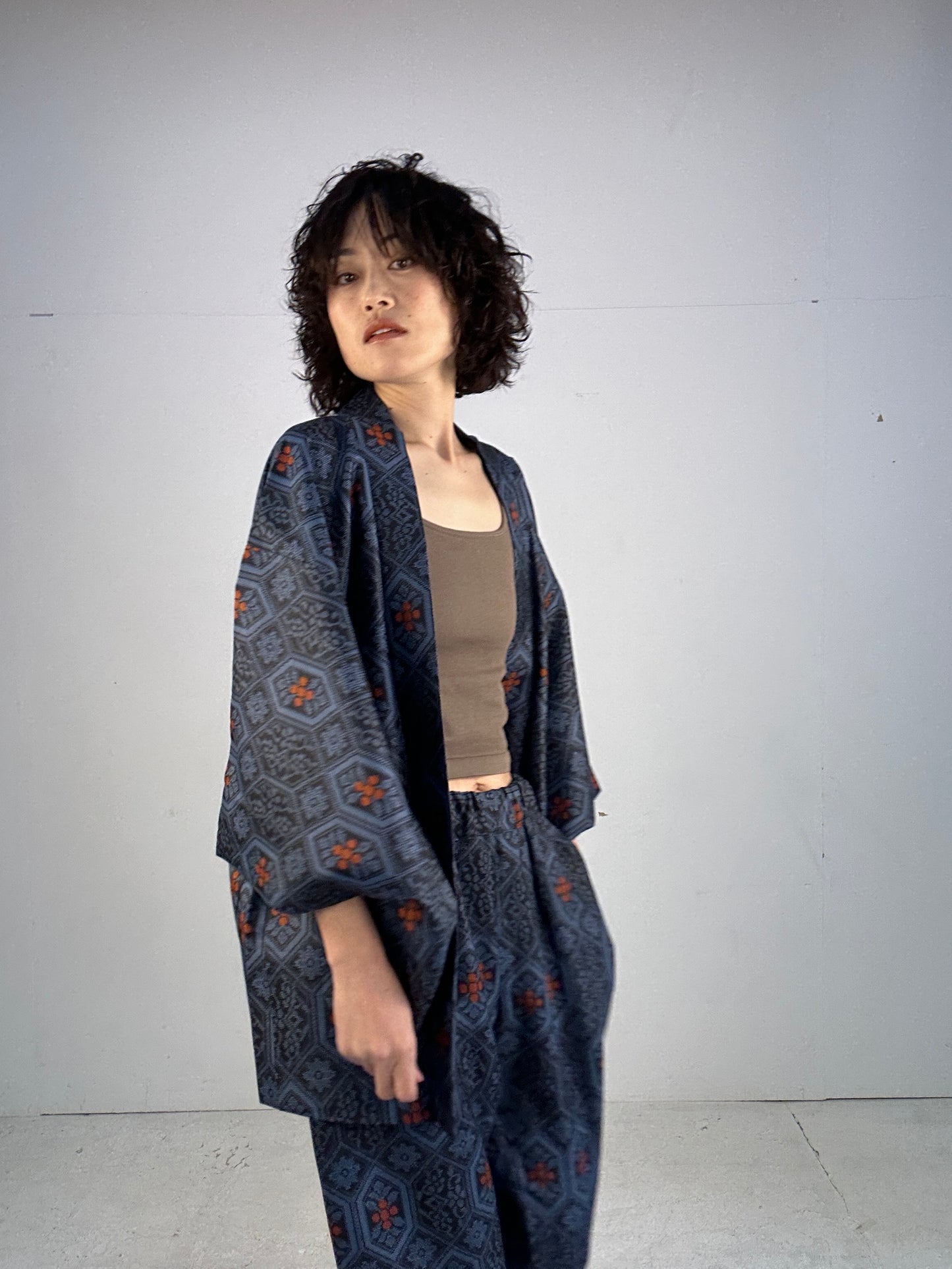 04 Tsumugi HAORI  and KIMONO elastic waist pants upcycled from Japanese kimono(Unisex)