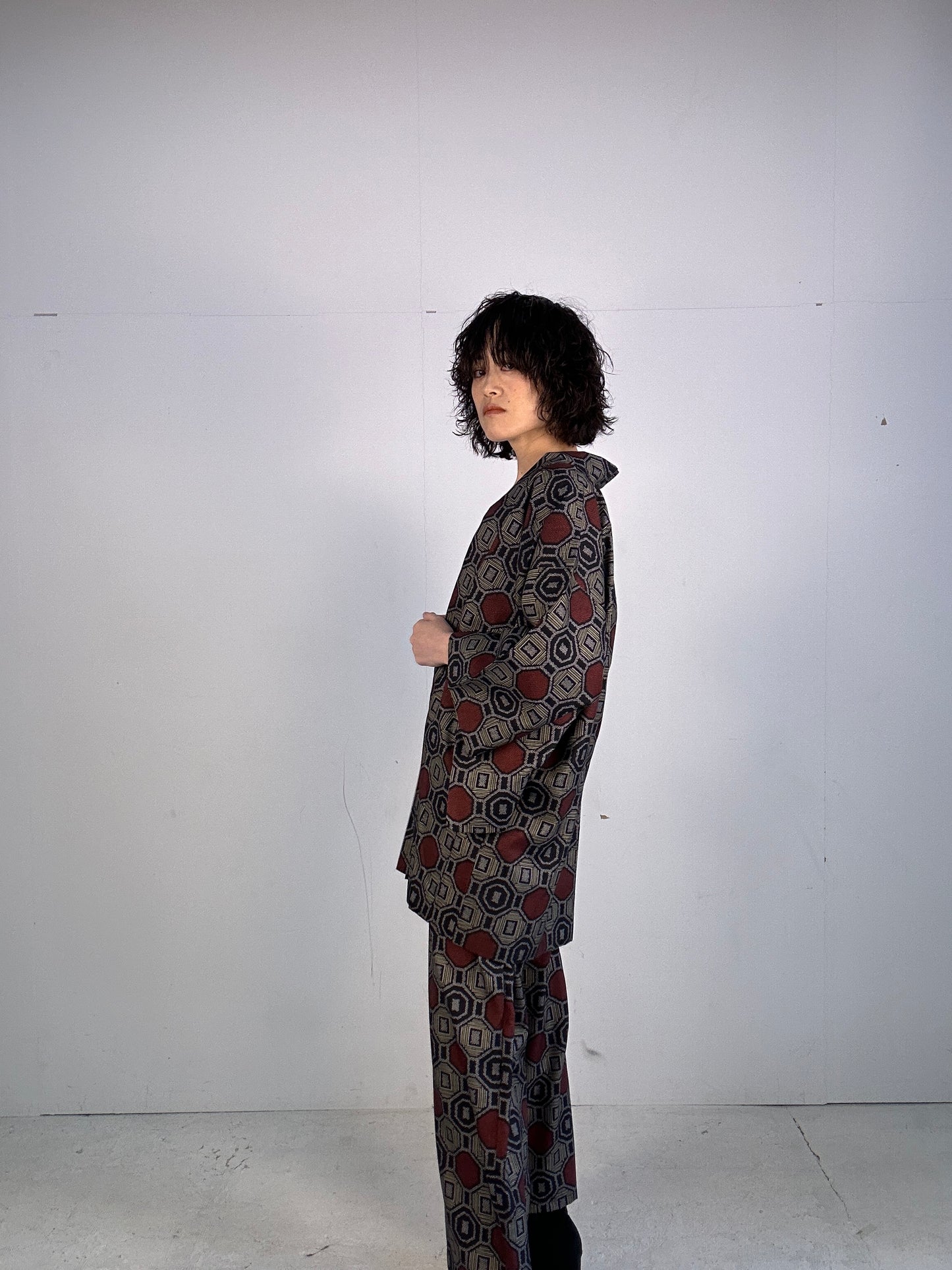 02 Tsumugi HAORI  and KIMONO elastic waist pants upcycled from Japanese kimono(Unisex)