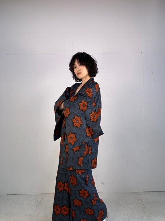 A_ Tsumugi HAORI and KIMONO elastic waist pants upcycled from Japanese kimono(Dressy and wide)