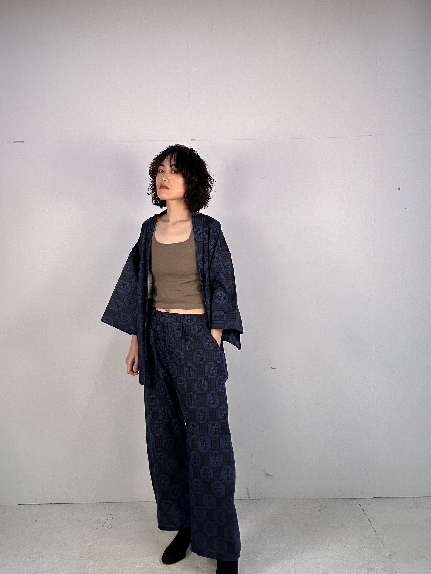 05 Tsumugi HAORI  and KIMONO elastic waist pants upcycled from Japanese kimono(Unisex)