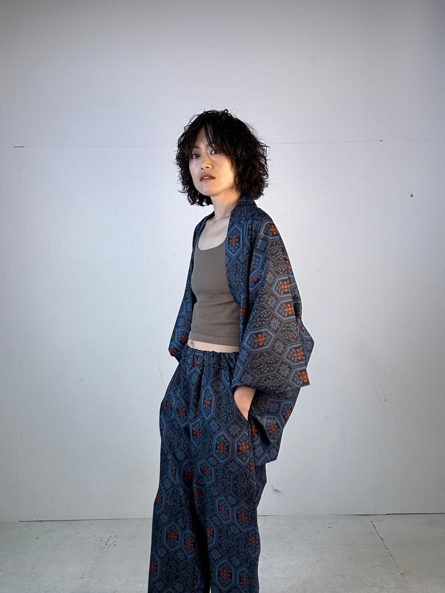 04 Tsumugi HAORI  and KIMONO elastic waist pants upcycled from Japanese kimono(Unisex)