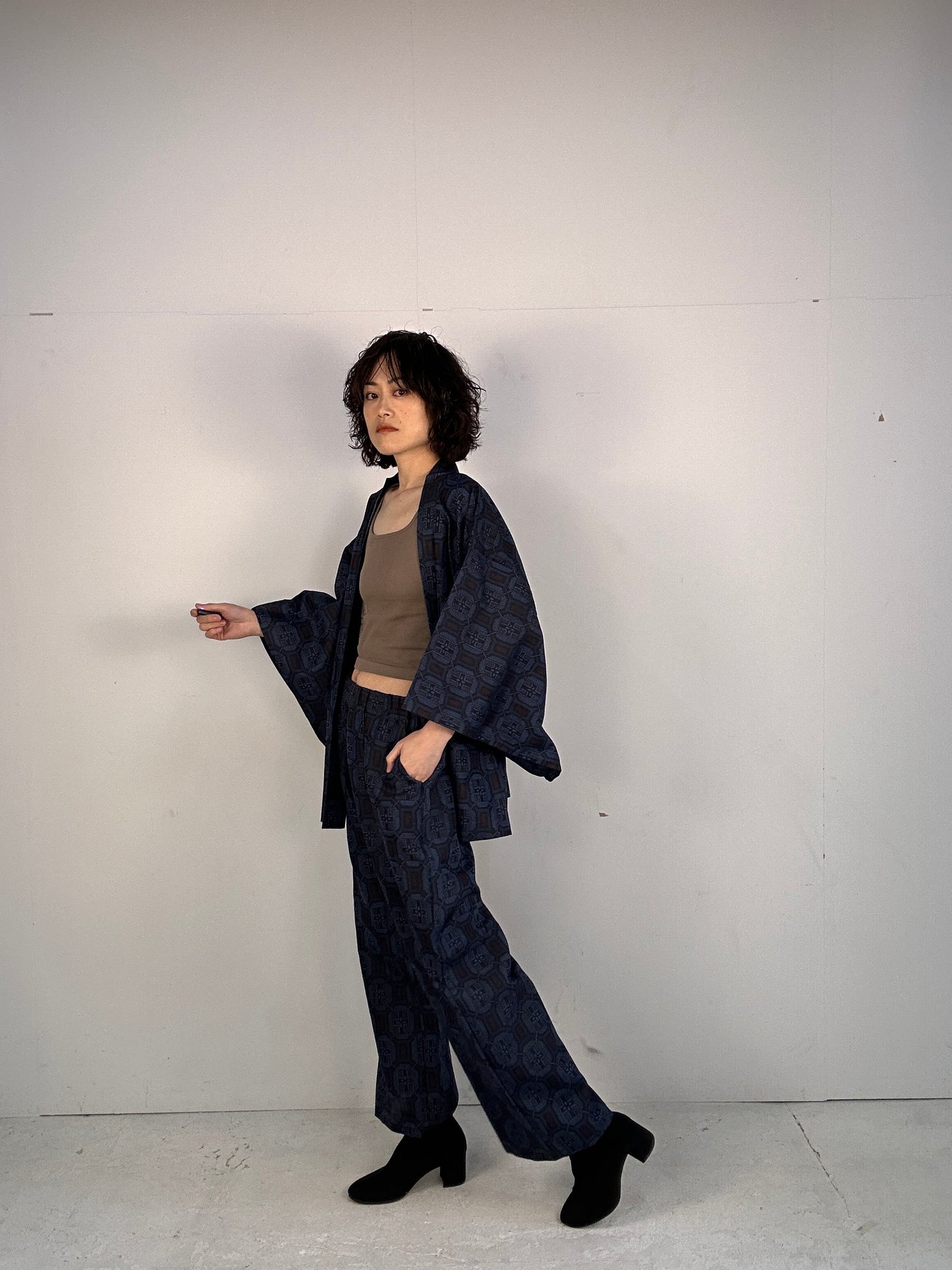 05 Tsumugi HAORI  and KIMONO elastic waist pants upcycled from Japanese kimono(Unisex)