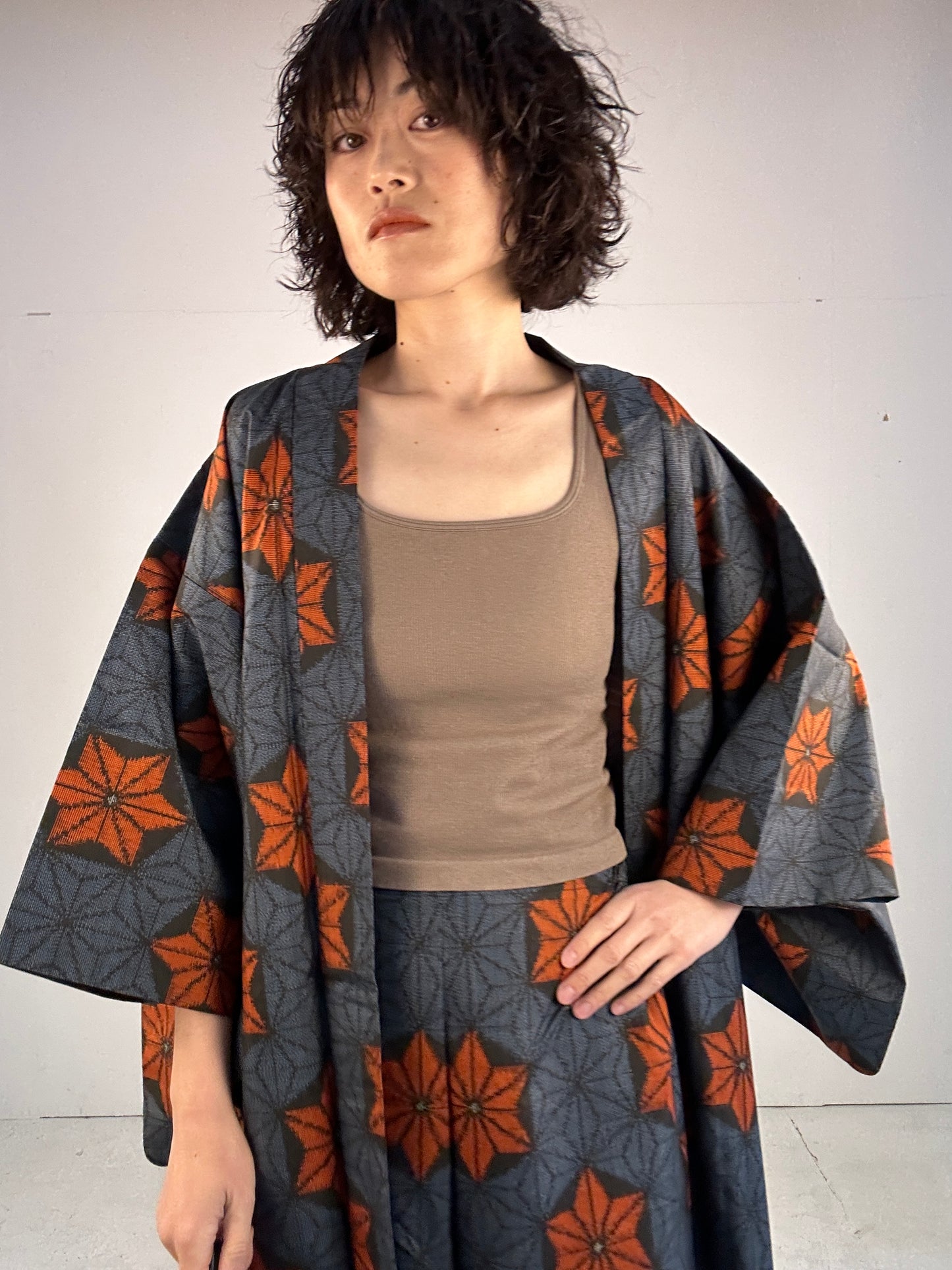 A_ Tsumugi HAORI  and KIMONO elastic waist pants upcycled from Japanese kimono(Dressy and wide)